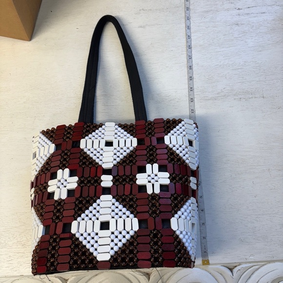 African Beaded Structured Handbag Red White Black - Picture 3 of 11